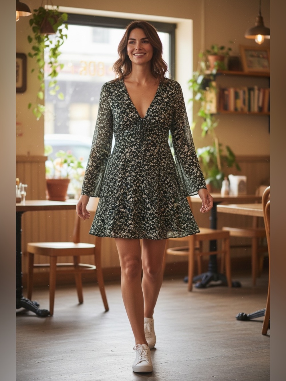 Women's Green Floral V-Neck Mini Dress